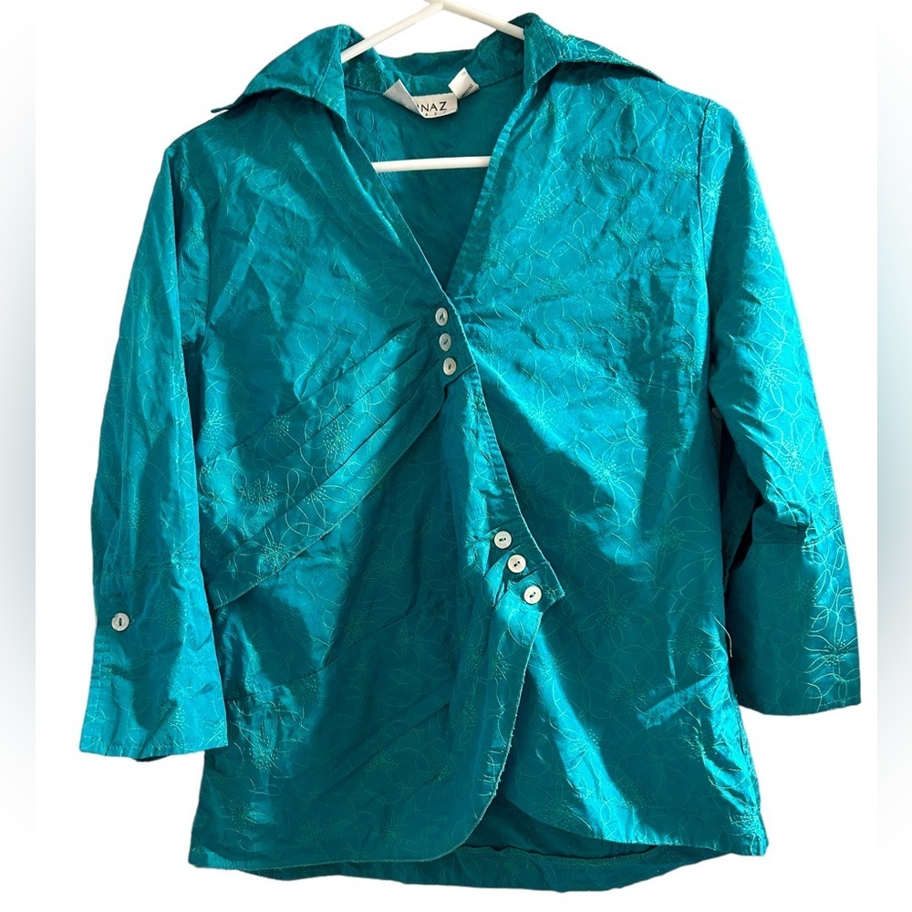 Farinaz Taghavi Teal Embroidered Asymmetrical Button Blouse